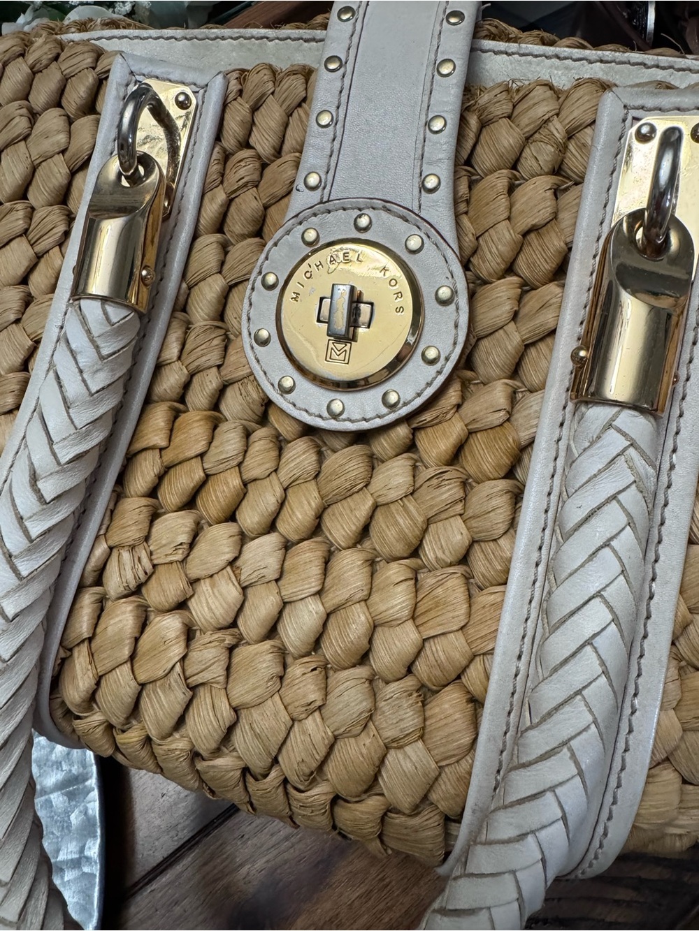 Women’s Michael Kors Santorini Straw Tote With Gold Studs - Picture 10 of 12